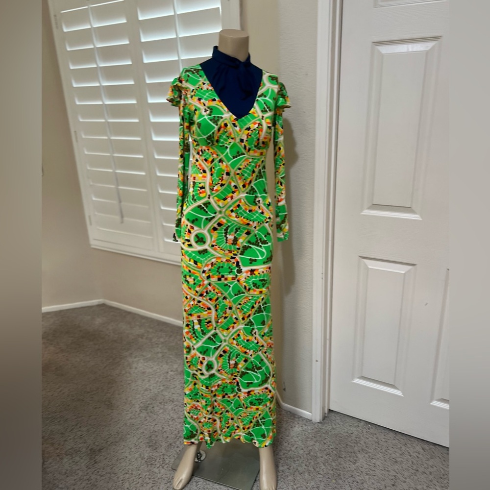 VNTG Psychedelic Colorful long Ruffle sleeves Retro Mod‎ Geometric dress small